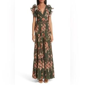 Johanna Ortiz Renaissance Forest Green Floral Print Ruffle Silk Maxi Gown 2